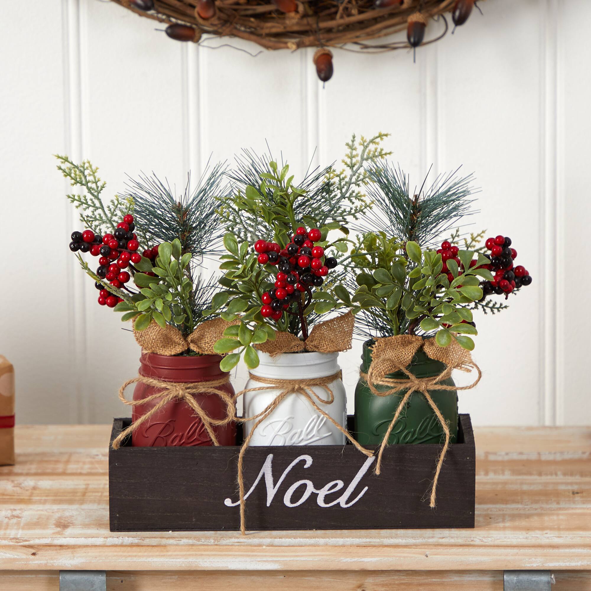 12" Holiday Winter Pine & Berries Mason Jar Arrangement Set